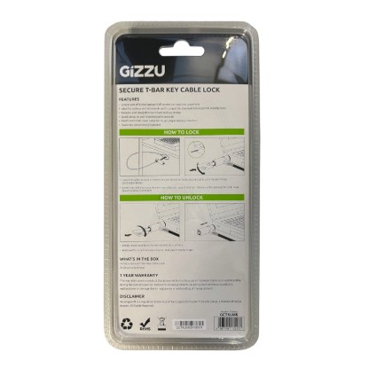 Picture of GIZZU 1.8m T-Bar Laptop Cable Lock Master Key Compatible