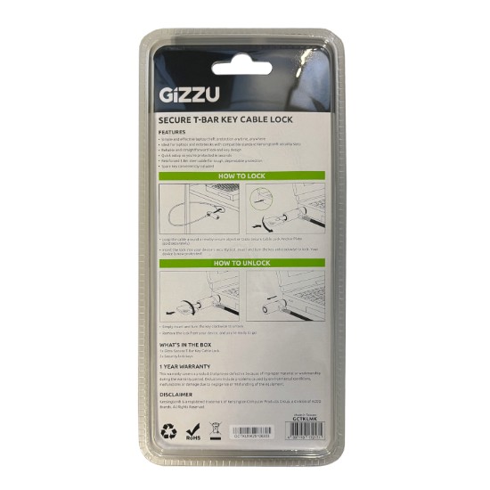 Picture of GIZZU 1.8m T-Bar Laptop Cable Lock Master Key Compatible